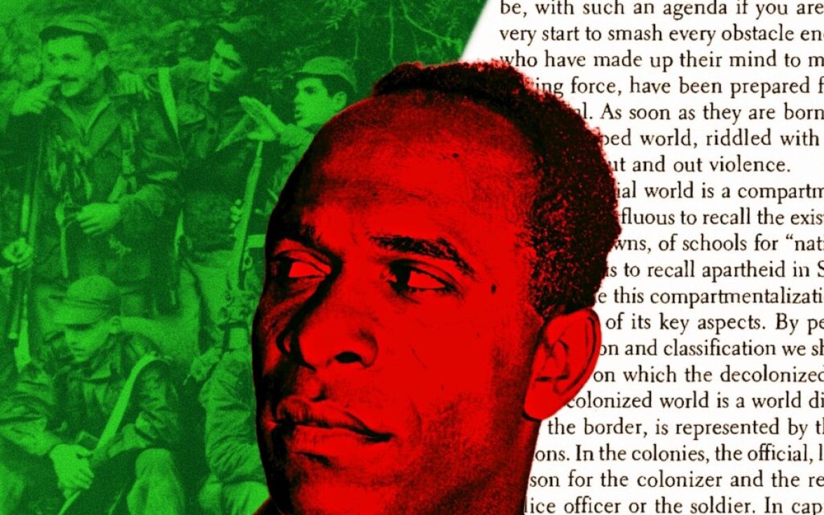 O rosto de Frantz Fanon, sobreposto a uma imagem de guerrilheiros da FLN e uma página de “Os Condenados da Terra”, nas cores da bandeira da Argélia. Arte: Boston Review